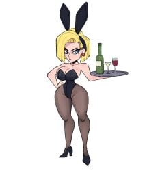 android_18 blonde_hair blue_eyes bodysuit breasts bunny_ears bunny_girl bunnysuit cleavage dragon_ball earrings hand_on_hip high_heels holding large_breasts leggings short_hair slim_waist tagme thick_thighs vanillasketchy voluptuous wide_hips