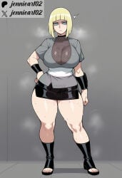 1girl ai_generated alternate_breast_size artist_name bangs black_footwear black_skirt blonde_hair blue_eyes blunt_bangs blunt_ends blush bob_cut boots breasts cleavage closed_mouth clothing curvy english_text female female_only fishnet_top fishnets footwear full_body grey_background grey_shirt hand_on_own_hip high_heels huge_breasts jennieart02 large_breasts legs looking_at_viewer mature_female miniskirt naruto ninja patreon patreon_logo patreon_username samui sash shirt short_hair short_sleeves skirt solo standing steaming_body sweat thick_thighs thighs toeless_footwear toes twitter twitter_username watermark web_address wide_hips