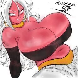 android_21 breasts dragon_ball huge long_hair looking_at_viewer neckring pink_skin white_hair