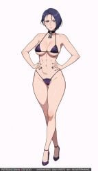1girl abs ai-created ai_generated alternative_costume asymmetrical_hair bare_arms bare_legs bare_shoulders bikini black_bikini black_nails black_swimsuit blue_hair blush breasts busty cameltoe choker clavicle cleavage closed_mouth clothing collar crossed_legs female female_pubic_hair fire_emblem fire_emblem:_fuukasetsugetsu footwear full_body gluteal_fold hands_on_hips hands_on_own_hips high_heels high_resolution highleg highleg_bikini highleg_swimsuit large_breasts legs looking_at_viewer micro_bikini muscle nail_polish navel patreon_username pubic_hair pubic_hair_peek purple_bikini purple_eyes purple_footwear purple_hair purple_nails purple_swimsuit shamir_nevrand shoes short_hair simple_background solo standing stomach swimsuit thigh_gap thighs toned underboob username watson_cross web_address white_background wodstudio