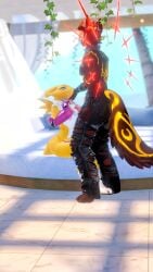 3d anthro beach canine_penis cock_on_face digimon erp furry handjob heckhound hellhound male/female renamon smiling torn_clothing virtual_reality vrchat