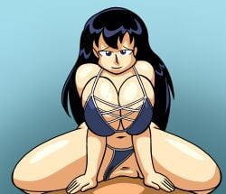 2026 2026s 20s adult adult_female anonymous_artist arato_nagi bikini bikini_top bikini_top_only black_hair bottomless consensual hetero huge_breasts loving_it nagi_arato navel penis_in_pussy pussy riding riding_penis ruri_no_houseki ruri_rocks simple_background squeezing squeezing_breasts straight