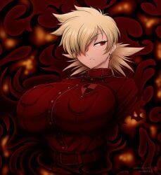 1girls belt blonde_hair collared_shirt dcelestial hair_over_one_eye hellsing looking_away massive_breasts red_eyes seras_victoria solo solo_female