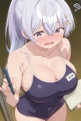 blush highleg_bikini highleg_swimsuit hiwamura_hiyori huge_breasts nervous_face one-piece_swimsuit sensei swimsuit_pull teacher_female voluptuous_female yowa_yowa_sensei