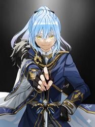 cape chaos_creator demonlorddante guardian holding holding_sword holding_weapon katana king non-web_source rimuru_tempest slime_(substance) sword tempest_federation tensei_shitara_slime_datta_ken twitter weapon white_cape yellow_eyes
