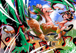 animal_humanoid anus ass ayako_(pixiv1127953) black_hair blush bondage bound breasts cat_humanoid centaur clothed clothing equine feline from_behind green_hair hair hooves human humanoid mammal monster nipples pussy raised_tail restrained skimpy spread_legs spreading taur tentacle tentacle_monster