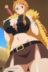 1female 1girl 1girls 2026 ai_generated artist_name belt big_ass big_breasts blush bracelet braid breasts brown_eyes cleavage curvy earrings from_below hi_res high_quality high_resolution highres huge_ass huge_breasts jewelry large_breasts long_hair looking_at_viewer midriff nami_(one_piece) navel one_piece orange_eyes orange_hair patreon patreon_username shoulder_tattoo skirt smile solo sword tattoo thighs unjobdespiert watermark weapon