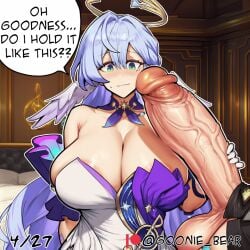 1futa 1girl 2026 2d absurd_res absurd_resolution absurdres ai_generated areola_slip bare_shoulders blue_hair blush breasts cleavage comic dress english_text erection futanari gloves goonie_bear green_eyes halo head_wings hetero hi_res high_quality high_resolution highres honkai:_star_rail honkai_(series) huge_breasts huge_penis image indoors large_penis long_hair looking_at_penis patreon patreon_logo patreon_username penis penis_awe penis_on_face robin_(honkai:_star_rail) solo_focus speech_bubble stelle_(honkai:_star_rail) testicles twitter_logo uncensored uncensured veins veiny_penis watermark white_gloves wings