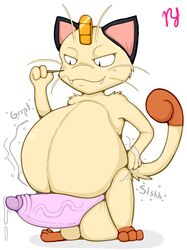 balls belly big_balls big_belly big_penis bulge cum digestion erection feline feral male mammal meowth nintendo penis pfh pokemon simple_background solo text video_games vore white_background