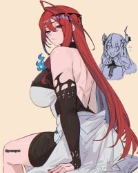2026 2girls back breasts clothing dress elizabeth_rose_bloodflame fire fully_clothed hololive hololive_english hololive_english_-justice- horn looking_at_viewer looking_back nerissa_ravencroft pomuya red_eyes red_hair tagme thick_thighs thighs toned_back