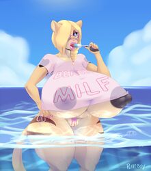 2015 anthro areola betsibi big_breasts breasts buscibi clothed clothing cougar erect_nipples feline female huge_breasts hyper hyper_breasts mammal milf mother nipples parent plankboy pussy skimpy water wet