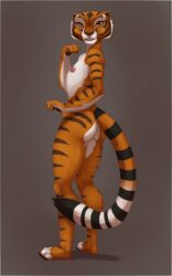 1girls anthro dreamworks embarrassed feline female female_only flat_chested fur furry gorsh_dolderan kung_fu_panda looking_at_viewer mammal master_tigress orange_eyes orange_fur simple_background solo standing tiger