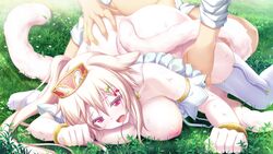 1male areolae ass blonde_hair blush breast_press breasts breasts_out clothed_sex doggy_style eushully female game_cg garter_straps grass highres inverted_nipples kami_no_rhapsody large_breasts legs long_hair looking_at_viewer lying mitsuki no_panties open_mouth penetration pink_eyes ponytail sex solo_focus sunlight tail thighhighs thighs tied_hair top-down_bottom-up vaginal_penetration yakuri