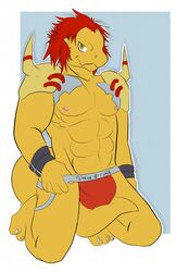 1boy abs anthro anthrofied border bulge clothing digimon english_text flat_colors front_view jockstrap kneeling looking_at_viewer male male_only muscles naughty_face nipples pecs scalie shoulder_pads solo stripes-the-raccoon tail_between_legs text underwear underwear_pull wargreymon