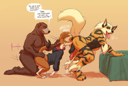 3boys anal anal_sex animal_genitalia anthro arcanine ass ass_sniffing balls bear canine clothing cum cumshot dennis_(meesh) drunk english_text erection ermine fur gay group group_sex hair jace_(character) male male/male male_only mammal masturbation meesh mustelid nintendo nude open_mouth orgasm penetration penis pokemon pokemon_(species) sex smile stoaty text threesome tongue tongue_out video_games yaoi