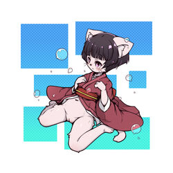 black_hair bottomless clothed clothing feline feline female fur hair half-dressed japanese_clothing kemono mammal omunikin pink_fur purple_eyes pussy