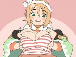 1boy 1girls animated blush breast_press breasts cleavage erect_nipples female green_eyes hair_ornament hairband hairclip hanabi_(senran_kagura) hishigata large_breasts open_mouth orange_hair paizuri paizuri_under_clothes plump senran_kagura short_hair smile solo_focus striped