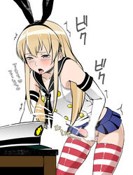 1boy ahe_gao blonde_hair blush cum ejaculation elbow_gloves gloves hairband hat highres kantai_collection kito_(sakerukito) kitou_sakeru long_hair masturbation open_mouth rule_63 shimakaze_(kantai_collection) simple_background skirt striped striped_legwear text thighhighs translation_request underwear white_gloves