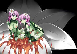 2girls alraune artist_request black_background blush breasts flower green_skin hanging_breasts liliraune_(monster_girl_encyclopedia) long_hair looking_at_viewer monster_girl monster_girl_encyclopedia multiple_girls navel nipples nude pink_hair plant_girl pointy_ears purple_eyes simple_background smile thighhighs twins yuri