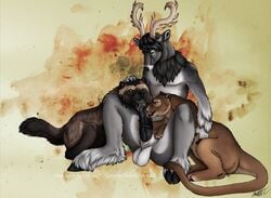 2015 anatomically_correct anatomically_correct_penis animal_genitalia anthro anthro_on_feral antlers ass balls cervine claws cum cum_inside deer ear_tag erection female feral fossa fur hair hooves horn interspecies jb_greymane krimzen_redwing licking male mammal mane mustelid nude open_mouth oral penis simple_background sitting size_difference size_play smile spread_legs spreading straight teeth tongue tongue_out whitetail wolverine zoophilia