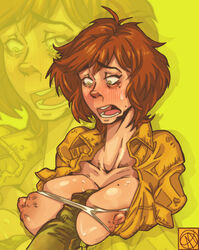 andava animal_genitalia april_o'neil april_o'neil_(tmnt_1987) breasts brown_eyes brown_hair female large_breasts male nipples paizuri penis short_hair solo_focus straight sweat sweater teenage_mutant_ninja_turtles tmnt_1987 unseen_male_face upper_body