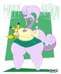 big_breasts breasts cinderdraws cleavage goodra huge_breasts pikachu pokemon pokemon_(species) thick_thighs wide_hips