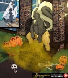 2023 anthro bone bottomwear boyofenigma brutus_(boyofenigma) bulge clothing crouching door dragon duo fart fart_cloud fart_fetish farting_on_another farting_on_face food fruit gassy halloween hi_res holidays jack-o'-lantern male male/male mammal mephitid musclegut muscular mythological_creature mythological_scalie mythology pants plant pumpkin scalie skeleton skunk smelly tail thick_tail trick-or-treating