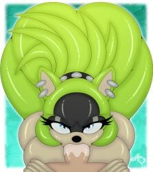 1boy 1girls anthro ass big_ass blowjob blue_eyes ear_piercing female furry interspecies male piercing renegade-157 saliva sega sonic_(series) surge_the_tenrec tagme tenrec