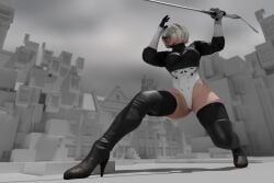 1girls 3d covered_eyes female female_focus female_only geone1 high_heels nier:_automata sword white_hair yorha_2b