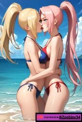 1:1 2girls ai_generated blonde_hair blush breasts choker female female_only headband headwear ino_yamanaka kissing lesbian_kiss long_hair medium_breasts multiple_girls naruto naruto_(series) naruto_shippuden ocean outdoors outside pale-skinned_female pale_skin partially_submerged pink_hair pink_nipples ponytail sakura_haruno shiny_skin short_hair sunset tongue tongue_kiss tongue_out water yuri