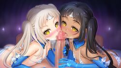 1boy 2girls aqua_(hoshizora_no_babylon) ass bikini black_hair blue_gloves blush censored collaborative_fellatio dark-skinned_female dark_skin elbow_gloves erect_nipples fellatio ffm_threesome flat_chest game_cg gloves headgear hoshizora_no_babylon interracial licking light-skinned_female light-skinned_male light_skin long_hair looking_at_viewer marin_(hoshizora_no_babylon) mosaic_censoring multiple_fellatio multiple_girls ogin_bara open_mouth oral penis polka_dot polka_dot_bikini polka_dot_swimsuit pov precum striped striped_bikini striped_swimsuit swimsuit teamwork threesome tied_hair tongue tongue_out twintails white_hair yellow_eyes