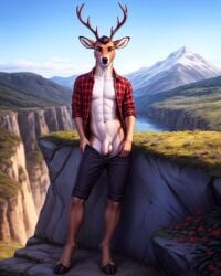 abs absurd_res ai_generated anthro antlers balls deer detailed_background digital_painting_(artwork) foreskin furry furry_male furry_only hi_res hooves male male_focus male_only nature open_shirt pulling_pants_down shaded slim smile solo_focus