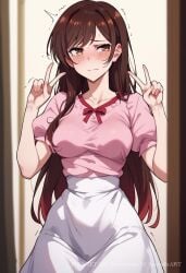 1girls 2d ai_generated ai_sensuality blush brown_hair double_peace_sign kanojo_okarishimasu long_hair mizuhara_chizuru peace_sign pink_shirt shy skirt solo solo_focus