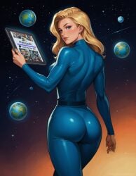 1girls ai_generated ass ass blonde_hair blue_eyes bodysuit earth fantastic_four female female_only from_behind invisible_woman long_hair looking_at_viewer marvel marvel_comics multiverse patreon penguih space sue_storm tablet tight_clothing turning_head