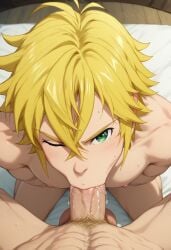 1boy ai_generated big_penis closed_eyes cum dick erection hair_pointed huge_cock kneeling legs looking_at_viewer male medium_breasts meliodas naked nanatsu_no_taizai nude nudity oral_sex pubic_hair shy shy_female sitting spiky_hair uncensored