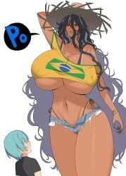 1boy brazilian_hasshaku-sama brazilian_miku_(cosplay) breasts cleavage cosplay dark-skinned_female dark_skin eye_contact female hair_between_eyes hasshaku-sama hat highres huge_breasts kloah large_breasts looking_at_another size_difference straw_hat tall_female tan thick_thighs thighs underboob white_background wide-eyed