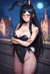 ai_generated blue_eyes blush bunny_ears bunnysuit castle castlevania castlevania:_order_of_ecclesia curvy_figure embarrassed female_only large_breasts long_hair night night_sky pale-skinned_female shanoa shoulder_tattoo