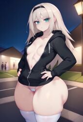 ai_generated an-94_(girls'_frontline) ass bangs black_hairband black_jacket blue_eyes blush breasts cameltoe closed_mouth collarbone eonsang_(style) eyebrows_visible_through_hair female girls'_frontline hair_between_eyes hairband hands_on_hips hoodie huge_ass jacket long_hair looking_at_viewer no_bra open_clothes open_hoodie open_jacket self_upload skindentation small_breasts solo thick_thighs thighhighs thighs unzipped unzipped_hoodie unzipped_jacket white_legwear white_panties wide_hips