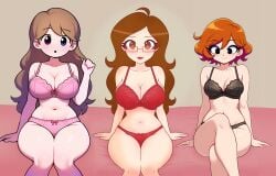 ai_assisted bed breasts brown_hair fangirl_(character) female_only inminent_sex lingerie nancysauria_(character) oc pixai red_hair sitting_on_bed una_alienada youtube_hispanic