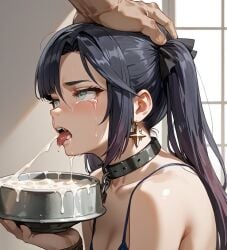 ai_generated blush bowl breasts collar cum cum_bowl cum_trail excessive_cum genshin_impact head_grab heavy_breathing indoors mona_(genshin_impact) open_mouth petplay sex_slave shiny_skin slave slutty_outfit small_breasts steam sweat tongue_out