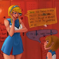 1boy 1futa 1futa1boy big_breasts blonde_futa blonde_hair blonde_hair_futa blue_dress blue_eyes brown_hair clothed diadem dialog dialogue dialogue_bubble english_dialogue english_text futanari graffiti joey_(saltychocolate3) lina_(saltychocolate3) locker lockers original_characters saltychocolate3 short_hair short_skirt sick skinny_male submissive submissive_male text vandalism vandalized