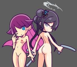 2024 2girls alternate_version_at_source alternate_version_available ass black_hair blue_archive blue_eyes breasts completely_nude completely_nude_female crossover feli_(puyo_puyo) female female_only furii_(artist) grey_background grey_eyes kisaki_(blue_archive) light-skinned_female light_skin long_hair navel nipples nude nude_female pink_nipples purple_hair pussy puyo_puyo puyo_puyo_artstyle sega small_breasts