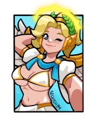 angel angela_ziegler blizzard_entertainment blonde_hair blue_eyes breasts_out goddess greek mercy mercy_(overwatch) overwatch overwatch_2 selvish94 smiling