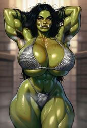 ai_generated black_hair female green_skin gro-ganna_ur-shaggah huge_breasts orc orc_female red_eyes verynormalguy