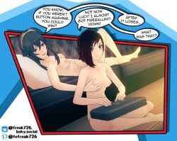 2girls 3d angry arcade_stick bare_arms bare_legs bare_midriff bare_shoulders barefoot black_eyes black_hair blue_eyes blue_hair brand_of_the_exalt breast_grab breasts clenched_teeth collarbone completely_nude controller couch crossed_legs crossover defeated dialogue english_text fefreak726 female female_only game_controller grabbing_another's_breast groping hair_between_eyes hand_on_own_stomach holding_controller indoors leg_up legs long_hair lucina_(fire_emblem) medium_breasts midriff multicolored_hair multiple_girls nipples nude nude_female on_back on_couch open_mouth pillow playing_videogame raised_eyebrow red_hair ruby_rose rwby short_hair shoulders sitting small_breasts smile symbol-shaped_pupils taunting text tiara video_games yuri