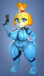 1girls 3d animal_crossing anthro blue_eyes breasts canine chubby chubby_female dog donan erect_nipples female female_focus female_only fur gun huge_breasts isabelle_(animal_crossing) mammal nintendo nipples solo weapon wide_hips zero_suit