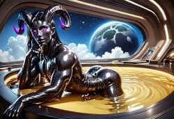 ai_generated bath black black_body curved_horn curved_horns demon eyes horn horns latex male male_only peeing piss piss_play purple seductive seductive_look self_upload shiny_skin urine urine_bath urine_in_container