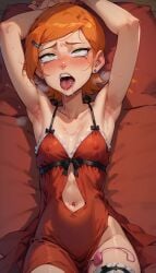 ai_generated armpits arms_above_head belly_button drooling egg_vibrator eyes_rolling_back gwen_tennyson laying_down nipples_visible_through_clothing open_mouth red_dress