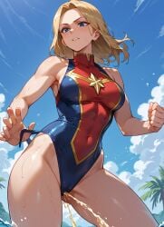 ai_generated anime anime_style captain_marvel peeing peeing swimsuit