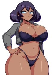 1girls angry annoyed big_breasts bikini blue_eyes boobs cleavage coat dark-skinned_female dark_skin female female_focus female_only hand_on_hip hourglass_figure human human_only iggy-bomb jacket jacket_open lingerie nintendo pokemon pokemon_xy purple_eyes short_hair sina_(pokemon) solo solo_female tagme wide_hips